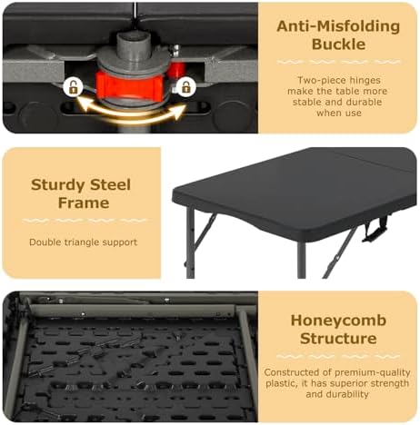 4FT Folding Table | Black | Portable Plastic Table, alternate view 6