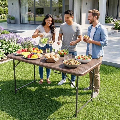 4FT Folding Table | Brown Ratten | Portable Plastic Table, alternate view 2