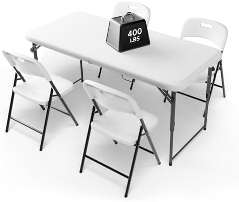 4FT Folding Table Set with 4 Chairs - Heavy-Duty 400 lb Table & 600 lb Chairs, Dual-Height Adjustment, Portable