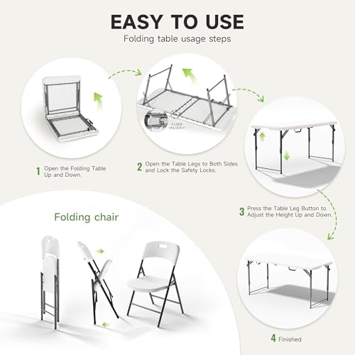 4FT Folding Table Set with 4 Chairs - Heavy-Duty 400 lb Table & 600 lb Chairs, Dual-Height Adjustment, Portable, alternate