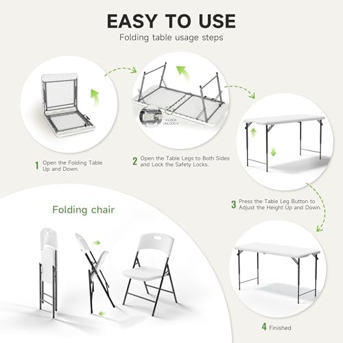 4FT Folding Table Set with 4 Chairs - Heavy-Duty 400 lbs Table & 600 lbs Chair Capacity, Portable Foldable Table, alternate