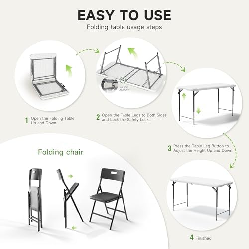 4FT Folding Table Set with 4 Folding Chairs, Heavy Duty 400 lbs Table & 330 lbs Chairs, Portable Folding, alternate view 7