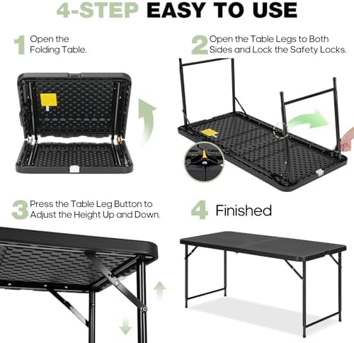 4ft Folding Table with Adjustable Height, 2-Level Foldable Table with HDPE Top & Steel Legs, Portable 4 Foot, alternate view