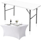 4FT Folding Table with Stretch Table Cover, Heavy Duty Plastic Portable Folding Table, 48" Indoor Outdoor