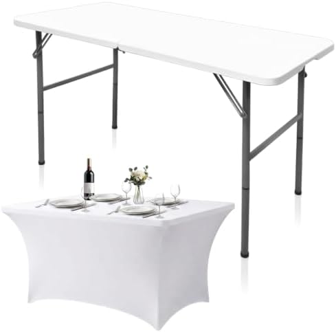 4FT Folding Table with Stretch Table Cover, Heavy Duty Plastic Portable Folding Table, 48" Indoor Outdoor