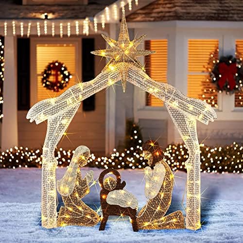 4FT Lighted Christmas Nativity Scene, Christmas Outdoor Decorations with 120 Count Pre-lit Warm White Lights