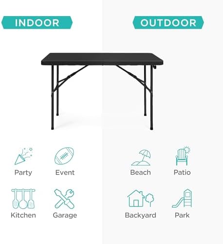 4ft Plastic Folding Table, Indoor Outdoor Heavy Duty Portable w/Handle, Lock for Picnic, Party, Camping - Black, alternate