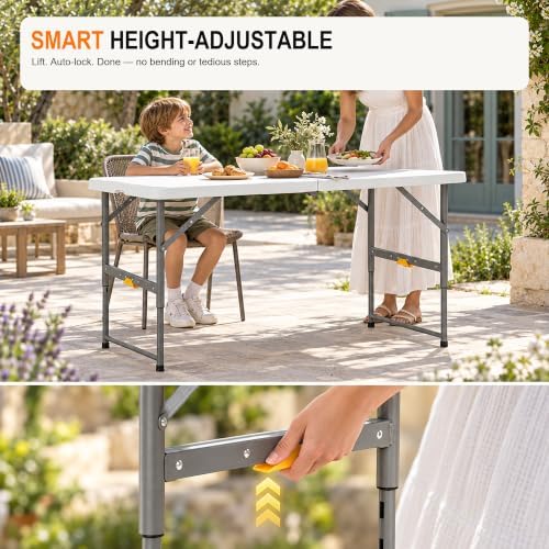 4FT Portable Folding Table, One-Handed Height Adjustment,4 Heights in White, alternate view 2