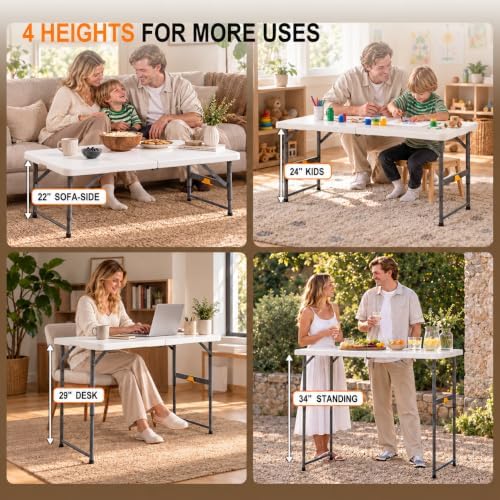 4FT Portable Folding Table, One-Handed Height Adjustment,4 Heights in White, alternate view 3