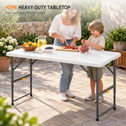 4FT Portable Folding Table, One-Handed Height Adjustment,4 Heights in White, alternate view 6