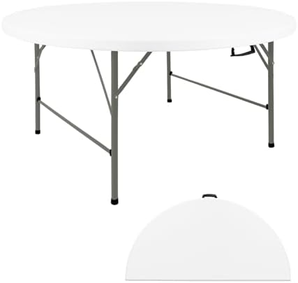 4FT Round Folding Table White Fold-in-Half with Carrying Handle Portable Plastic Table for Outdoor or Indoor