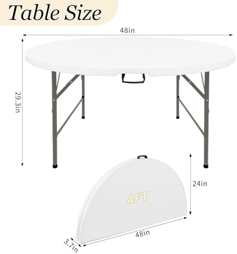 4FT Round Folding Table White Fold-in-Half with Carrying Handle Portable Plastic Table for Outdoor or Indoor, alternate view