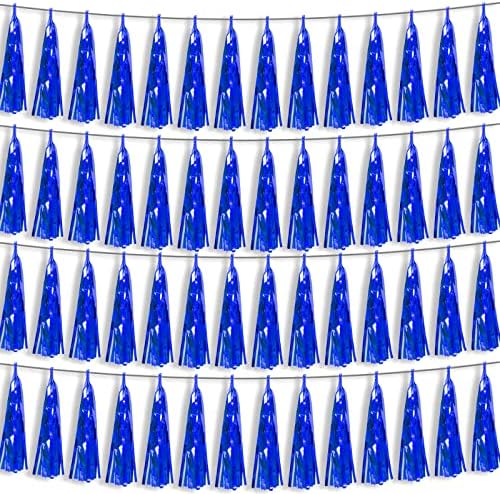 4P Blue Foil Fringe Metallic Tassel Streamers Banner Tassel Garland for Parade Floats, Bachelorette, Wedding