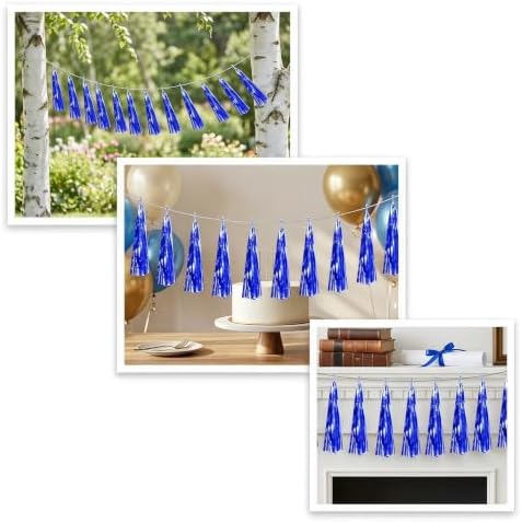 4P Blue Foil Fringe Metallic Tassel Streamers Banner Tassel Garland for Parade Floats, Bachelorette, Wedding, alternate view