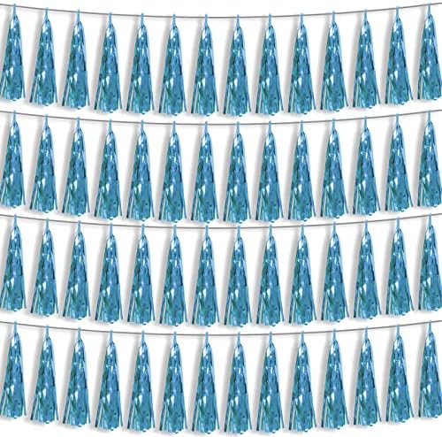 4P Light Blue Foil Fringe Metallic Streamers Banner Tassel Garland for Parade Floats, Bachelorette, Wedding