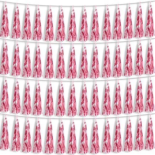 4P Light Pink Foil Fringe Metallic Tassel Streamers Banner Tassel Garland for Parade Floats, Bachelorette