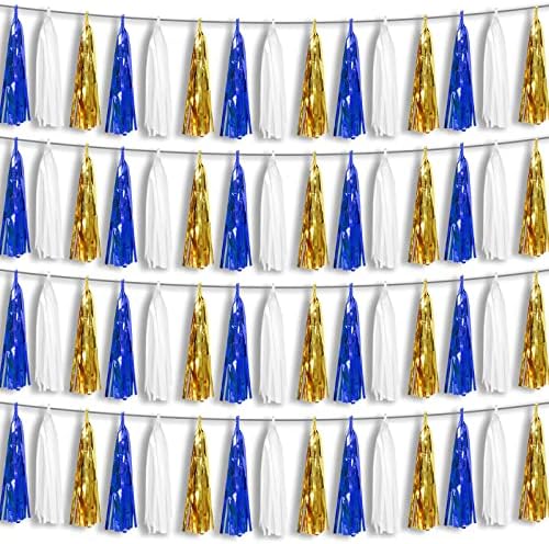 4P Navy-Blue White-Gold Foil Fringe Metallic Tassel-Garland, Tassels Banner Streamers for Parade Floats