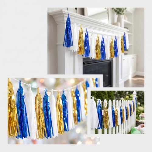 4P Navy-Blue White-Gold Foil Fringe Metallic Tassel-Garland, Tassels Banner Streamers for Parade Floats, alternate view 6