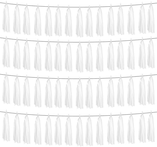 4P White Foil Fringe Metallic Tassel Streamers Banner Tassel Garland for Parade Floats, Graduation, Wedding