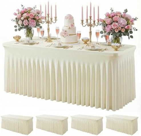 4Pack Beige Spandex Tablecloth for 6FT Rectangle Table, Table Skirt