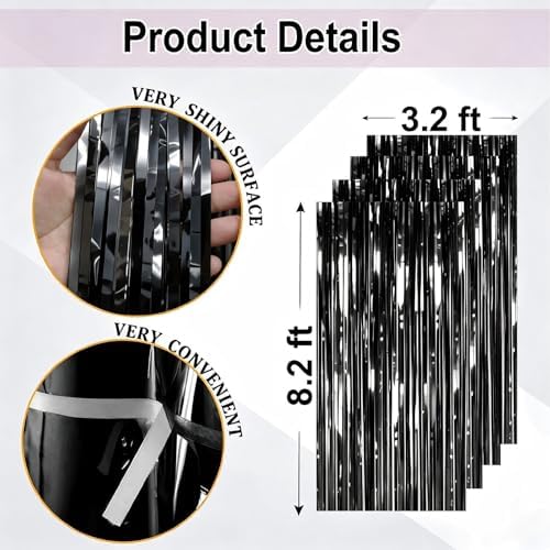 4Pack Black Foil Fringe Curtain, Black Backdrop for Halloween Decorations, alternate view 2