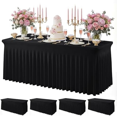 4Pack Black Spandex Tablecloth for 6FT Rectangle Table, Table Skirt