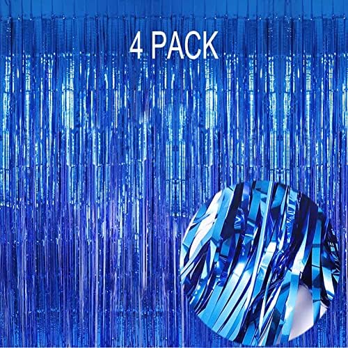 4Pack Blue Foil Fringe Curtain, Blue Streamers Backdrop Party Decorations