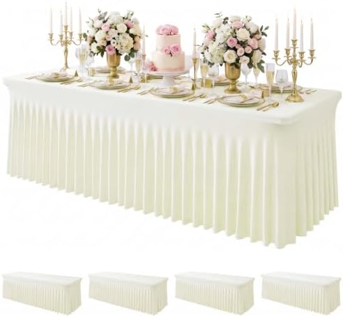 4Pack Ivory Spandex Tablecloth for 8FT Rectangle Table, Table Skirt