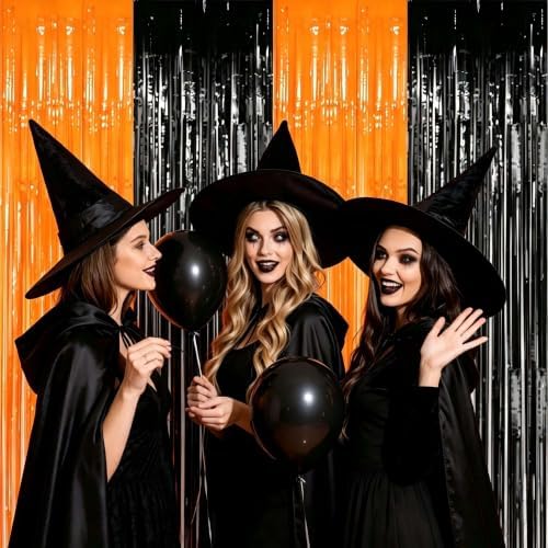 4Pack Orange Black Fringe Curtains for Halloween Party Backdrop Decorations, alternate view 4