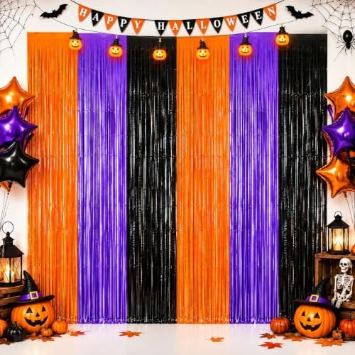 4Pack Orange Purple Black Halloween Foil Curtain Decoration Halloween Party in 4Pcs Purple orange black