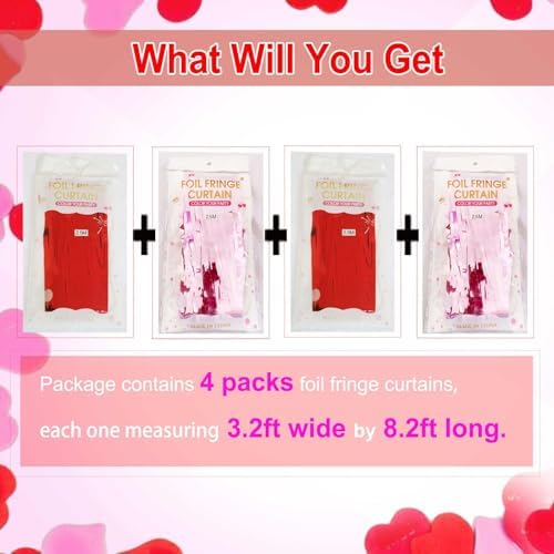 4Pack Red Pink Valentines Foil Fringe Curtains, Valentines Day Decorations, alternate view 3