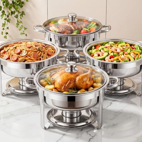 4Pack Round 7QT Stainless Steel Chafing Dishes for Buffet in 4 Pack Sliver