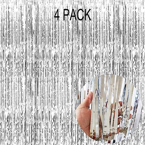4Pack Silver Fringe Curtain, Silver Streamers Backdrop Birthday Decorations