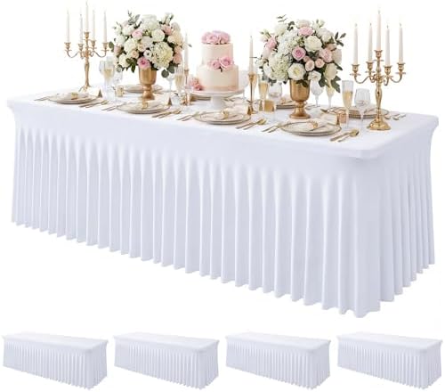 4Pack White Spandex Tablecloth for 8FT Rectangle Table, Table Skirt