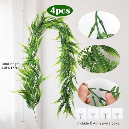 4Pc Artificial Boston Ferns Garland 5.8Ft Green Fake Greenery Vines, alternate view 4