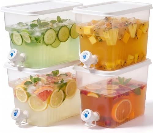 4pcs 1.3 Gallon Drink Dispenser for Fridge, Clear Plastic Beverage Dispenser with Spigot and Lid, Leakproof