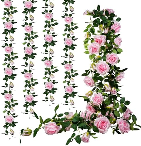 4PCS(24FT) Pink Flower Garlands, Total 48 Artificial Roses, Fake Vines for Wedding Arch, Party, Home Decor