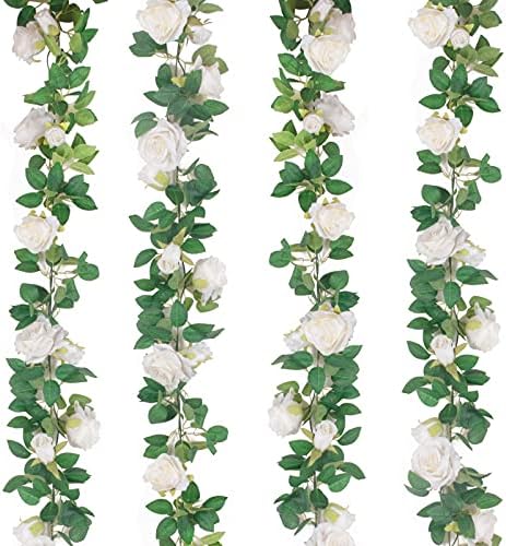 4Pcs(26 FT) Artificial Rose Vine Fake Flower Garland Fake Silk Rose Hanging Vine for Wedding Party Background