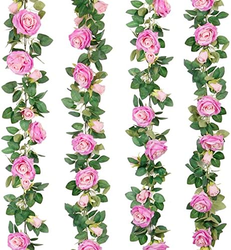 4Pcs(26 FT) Artificial Rose Vine Fake Flower Garland Fake Silk Rose Hanging Vine for Wedding Party Background