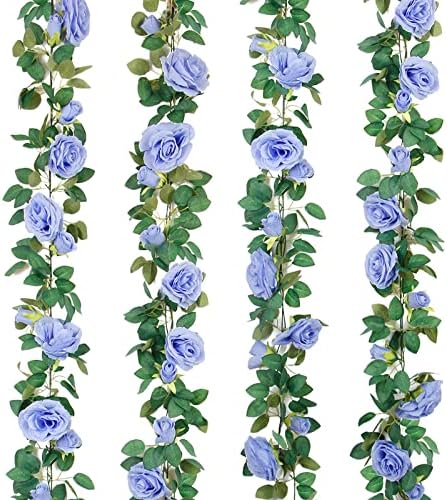4Pcs(26 FT) Artificial Rose Vine Fake Flower Garland Fake Silk Rose Hanging Vine for Wedding Party Background