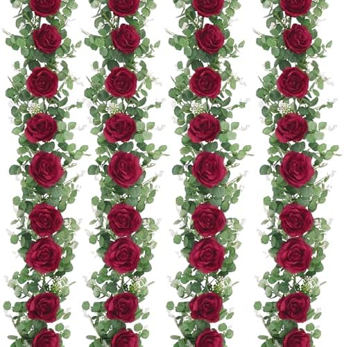 4Pcs 26Ft Artificial Eucalyptus Garlands with Flowers - 8 Roses, Faux Floral Greenery Garlands Fake Flowers