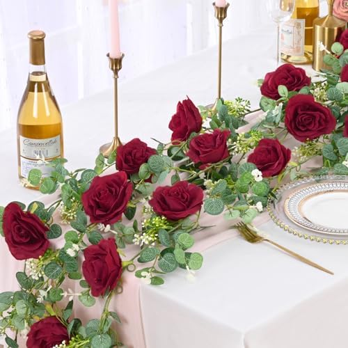 4Pcs 26Ft Artificial Eucalyptus Garlands with Flowers - 8 Roses, Faux Floral Greenery Garlands Fake Flowers, alternate view 2