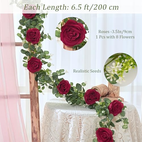 4Pcs 26Ft Artificial Eucalyptus Garlands with Flowers - 8 Roses, Faux Floral Greenery Garlands Fake Flowers, alternate view 3