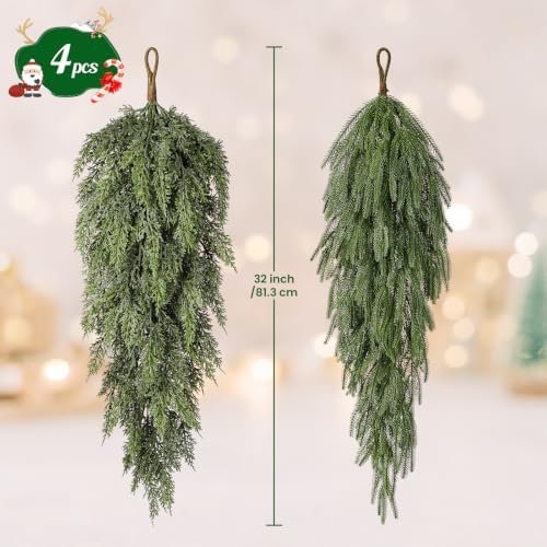 4PCS 32" Artificial Christmas Teardrop Swag, Norfolk & Cedar in 32 leaves & 45 leaves in Green, alternate view 3