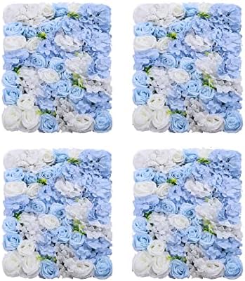 4pcs 3D Artificial Flower Wall Panels - Blue White Backdrop 24 x 16 Inch - Realistic Fake Flower Background