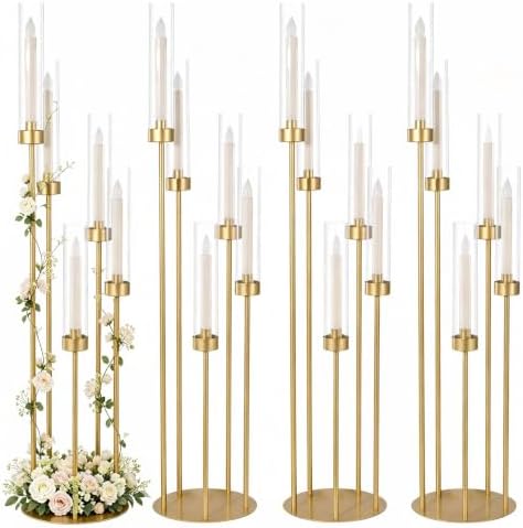 4Pcs 5 Arm Gold Candelabra Centerpieces for Table, Floor Candle Holders in Gold