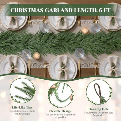 4PCS 6FT Christmas Garland, Artificial Real Touch Norfolk Pine Garland in Green, alternate view 4