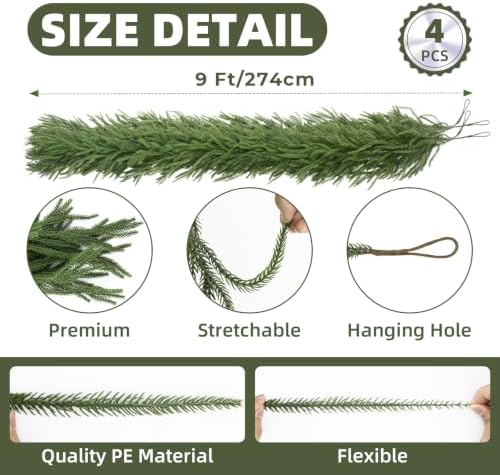 4Pcs 9FT Norfolk Pine Garlands for Christmas Decorations Indoor, alternate view 2