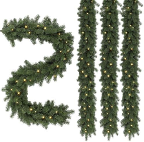 4PCS 9FT Pre-Lit Christmas Garland, Lighted Norfolk Pine Garland in Green