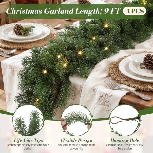 4PCS 9FT Pre-Lit Christmas Garland, Lighted Norfolk Pine Garland in Green, alternate view 6